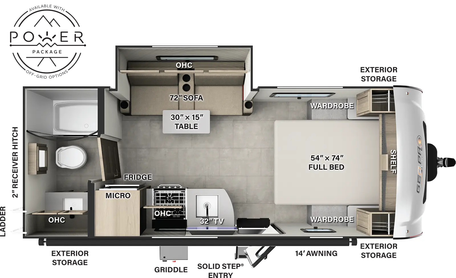 The Rockwood Geo Pro G20FBS has one entry and one slide out. Exterior features include: fiberglass exterior and 14' awning. Interiors features include: front bedroom and rear bathroom.